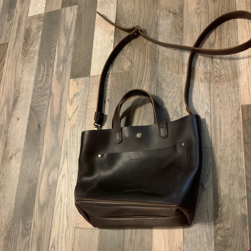 portland leather goods bag with detachable cross body strap